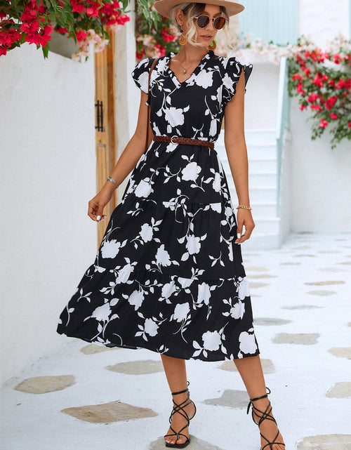 Load image into Gallery viewer, Floral Frill Trim V-Neck Tiered Midi Dress
