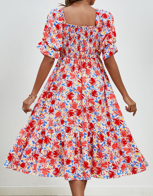Load image into Gallery viewer, Smocked Floral Square Neck Short Sleeve Dress
