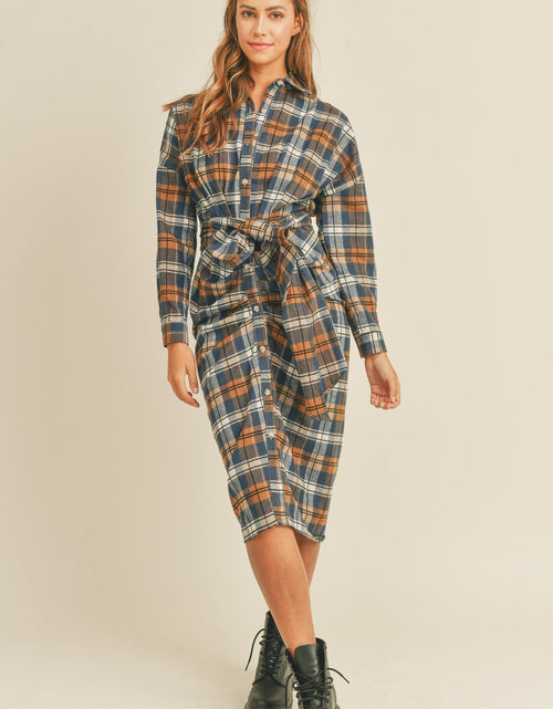 Load image into Gallery viewer, Mable Plaid Flannel Front Tie Button Down Shirt Dress
