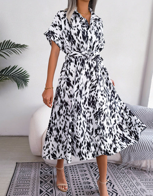 Load image into Gallery viewer, Printed Collared Neck Short Sleeve Tie Waist Dress
