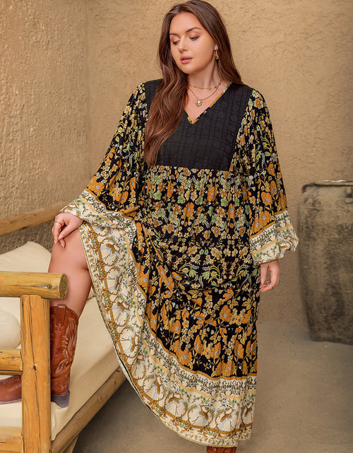 Load image into Gallery viewer, Plus Size Floral V-Neck Balloon Sleeve Midi Dress
