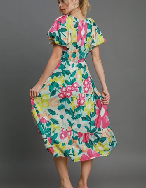 Load image into Gallery viewer, Umgee Full Size Tiered Floral Print Notched Puff Sleeve Midi Dress Plus Size
