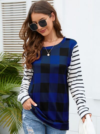 Load image into Gallery viewer, Plaid Striped Round Neck Long Sleeve T-Shirt
