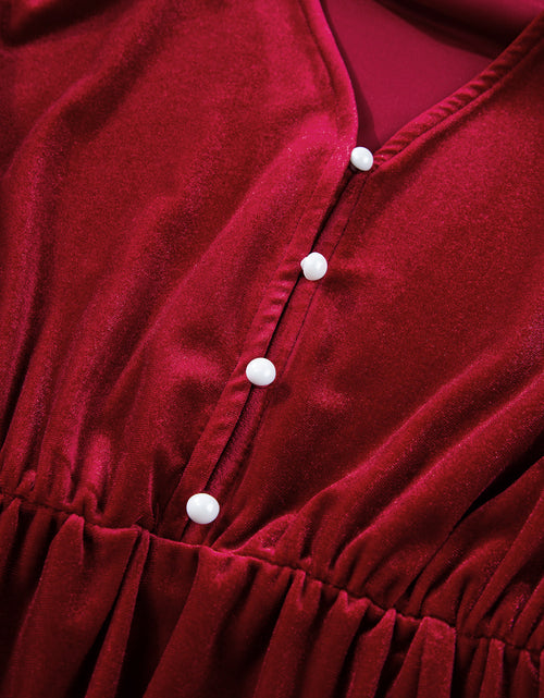 Load image into Gallery viewer, Olivia Velvet Buttoned Puff Sleeve V Neck Split Midi Dress by Poppy Lee Lane

