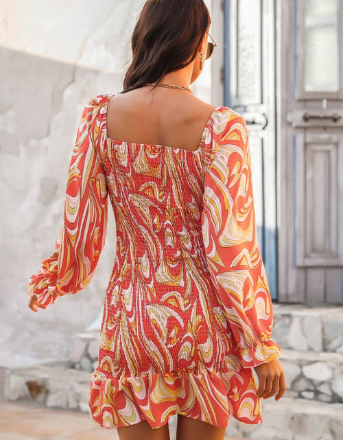 Load image into Gallery viewer, Abstract Print Square Neck Smocked Dress
