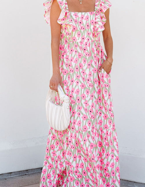 Load image into Gallery viewer, Floral Print Square Neck Ruffled Cap Sleeve Maxi Dress
