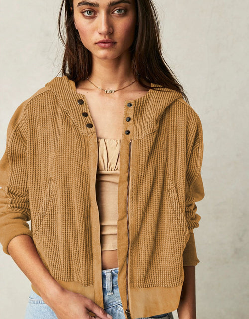Load image into Gallery viewer, Waffle-Knit Dropped Shoulder Hooded Jacket
