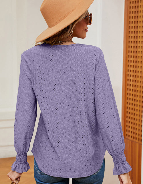 Load image into Gallery viewer, Eyelet V-Neck Flounce Sleeve T-Shirt
