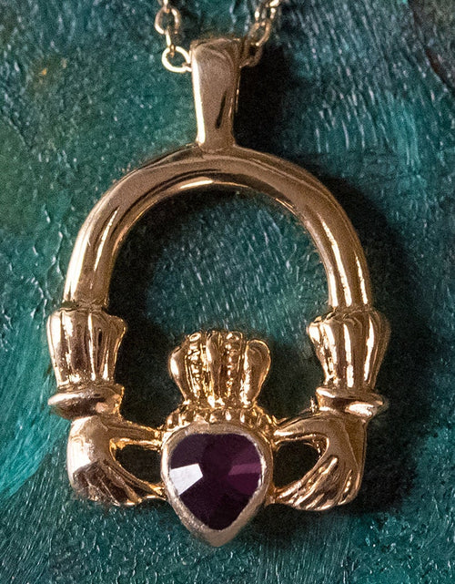 Load image into Gallery viewer, Vintage Claddagh Necklace Austrian Heart Crystal 18k Yellow Gold Electroplated Made in the USA by PVD Vintage Jewelry
