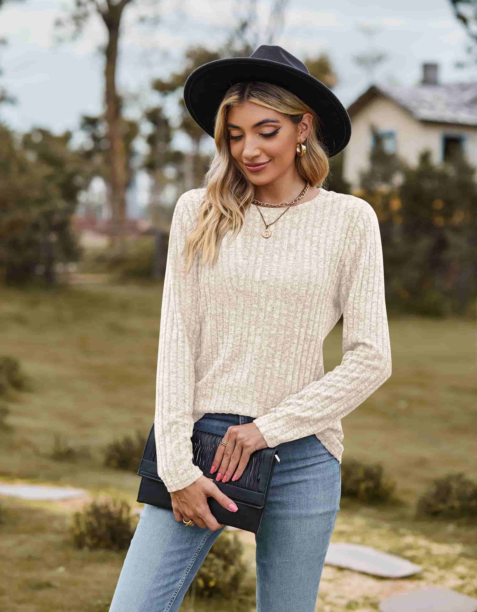 Ribbed Round Neck Long Sleeve Tee