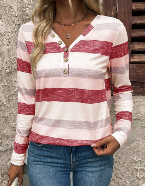 Load image into Gallery viewer, Contrast Striped V-Neck Long Sleeve T-Shirt
