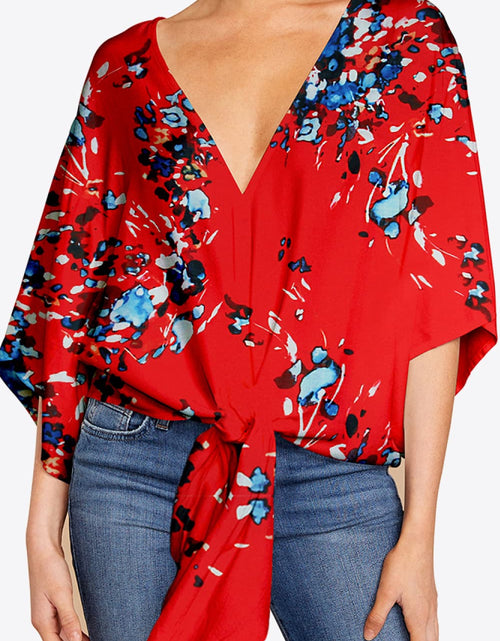 Load image into Gallery viewer, Shiny Printed Deep V Tie Hem Blouse
