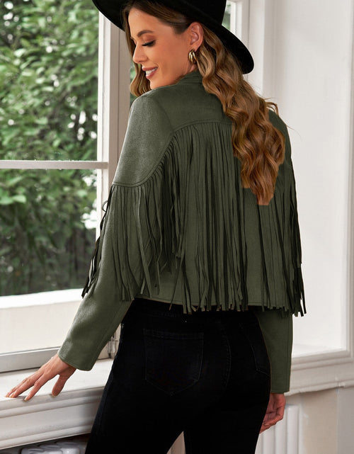 Load image into Gallery viewer, Fringe Trim Lapel Collar Cropped Blazer
