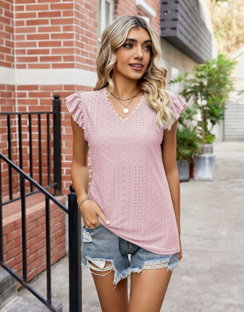 Load image into Gallery viewer, Eyelet Flutter Sleeve Scalloped V-Neck Top
