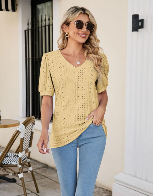 Load image into Gallery viewer, Eyelet Puff Sleeve V-Neck Top
