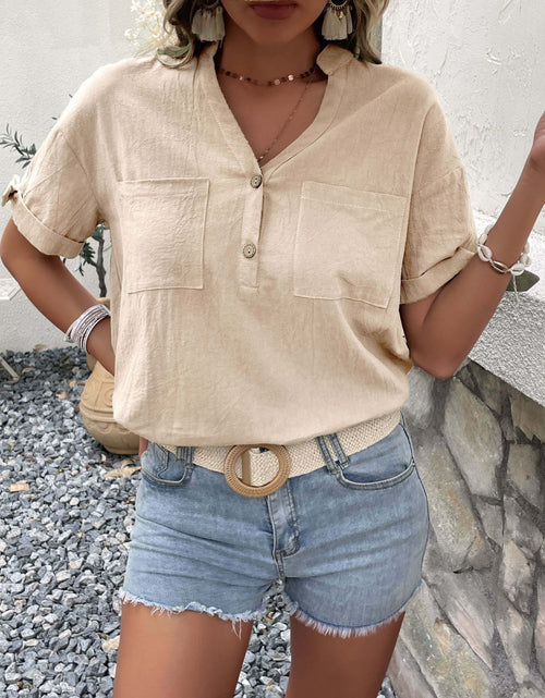 Load image into Gallery viewer, Perfee Buttoned Notched Neck Cuffed Sleeve Blouse
