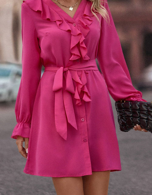 Load image into Gallery viewer, Ruffled Flounce Sleeve V-Neck Belted Dress by Blak Wardrob
