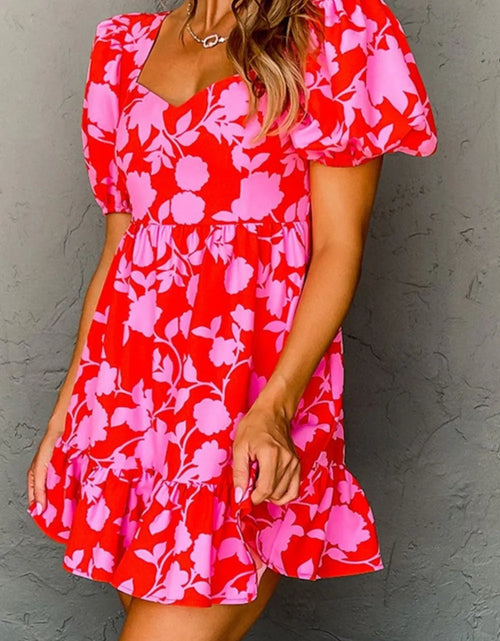Load image into Gallery viewer, Floral Puff Sleeve Sweetheart Neck Ruffled Mini Dress
