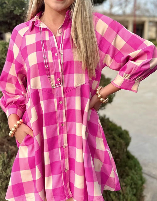 Load image into Gallery viewer, Ruched Plaid Three-Quarter Sleeve Shirt Dress
