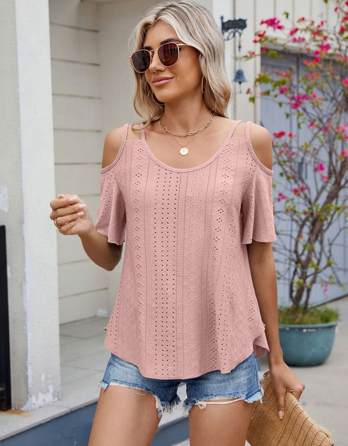 Load image into Gallery viewer, Florira Round Neck Cold Shoulder Eyelet T-Shirt
