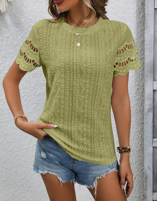 Load image into Gallery viewer, Full Size Eyelet Round Neck Short Sleeve Top
