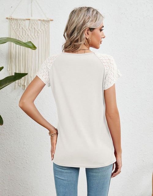 Load image into Gallery viewer, Lace Detail Round Neck Short Sleeve T-Shirt
