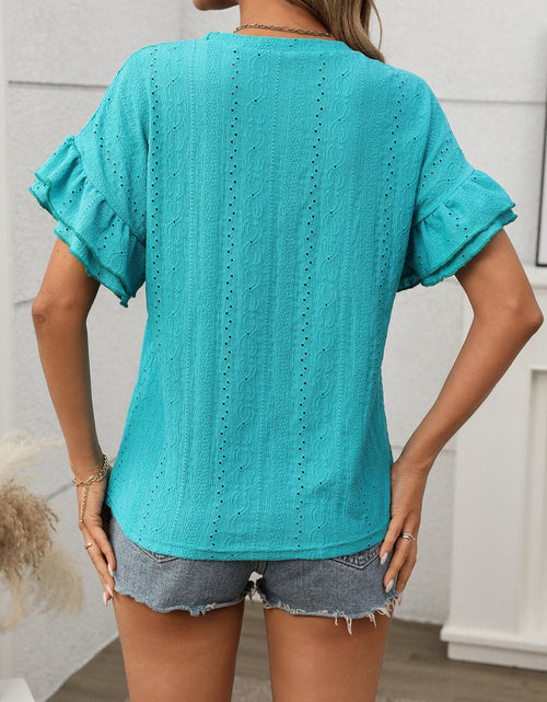 Load image into Gallery viewer, Eyelet Round Neck Flounce Sleeve Top
