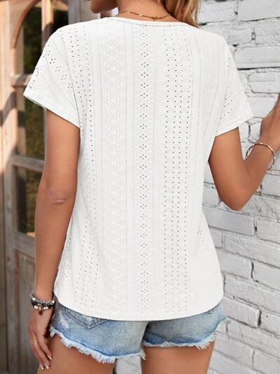 Load image into Gallery viewer, Eyelet V-Neck Short Sleeve T-Shirt
