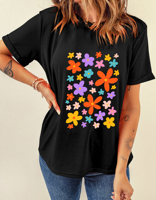 Load image into Gallery viewer, Flower Graphic Round Neck Short Sleeve T-Shirt
