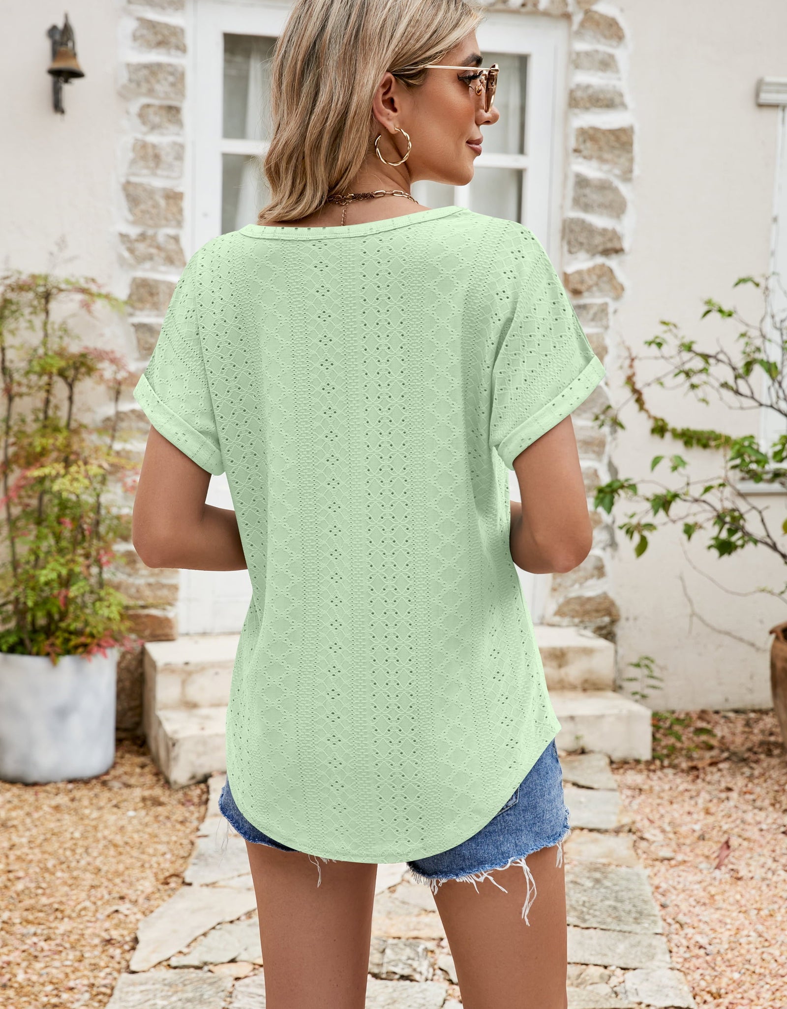 Full Size Round Neck Eyelet Short Sleeve Top
