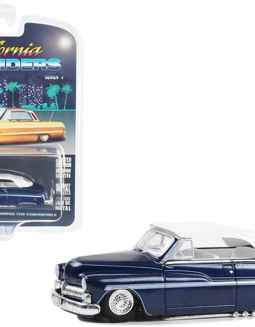 Load image into Gallery viewer, 1950 Mercury Eight Chopped Top Convertible Lowrider Dark Blue Metallic with Light Blue Pinstripes and White Top and Interior "California Lowriders" Series 4 1/64 Diecast Model Car by Greenlight
