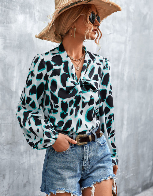 Load image into Gallery viewer, Printed Tie Neck Puff Sleeve Blouse
