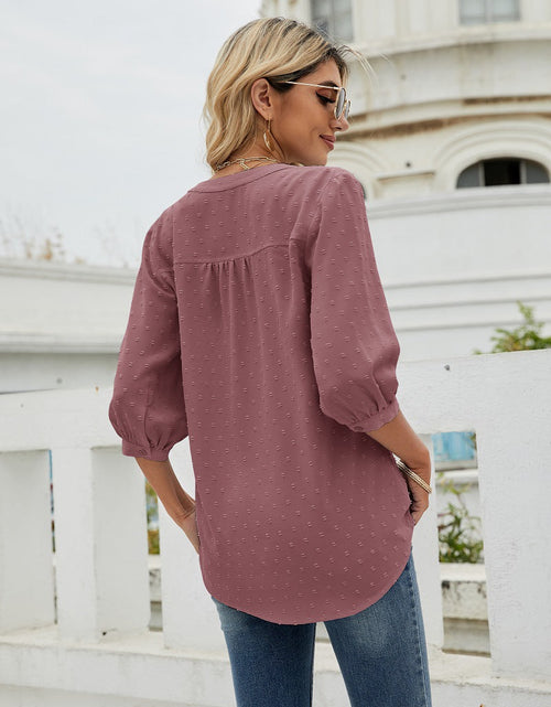Load image into Gallery viewer, Swiss Dot Notched Neck Three-Quarter Sleeve Blouse
