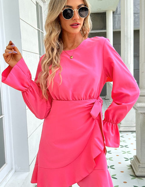 Load image into Gallery viewer, Shiny Round Neck Flounce Sleeve Ruffle Hem Mini Dress
