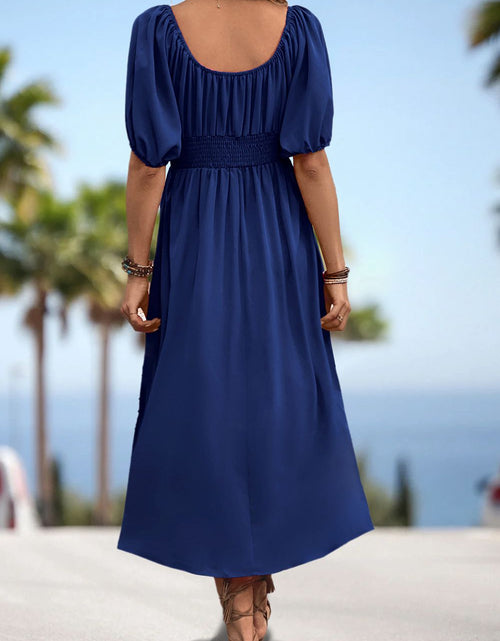 Load image into Gallery viewer, Square Neck Smocked Waist Puff Sleeve Midi Dress
