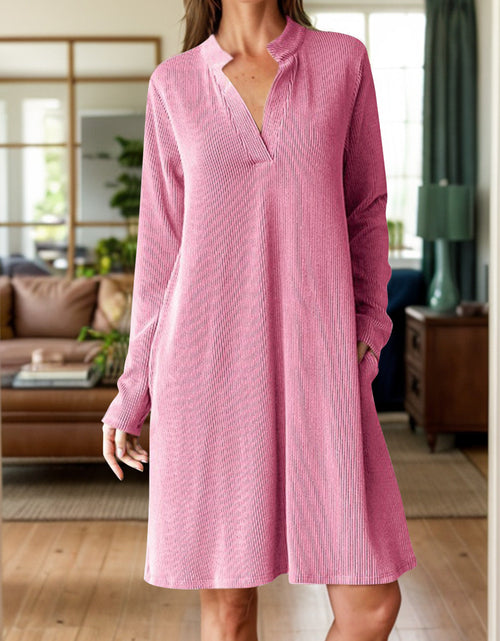 Load image into Gallery viewer, Notched Long Sleeve Mini Dress with Pockets
