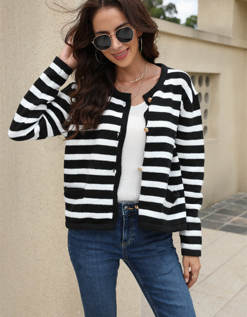 Load image into Gallery viewer, Angel Wings Striped Round Neck Button-Down Dropped Shoulder Cardigan
