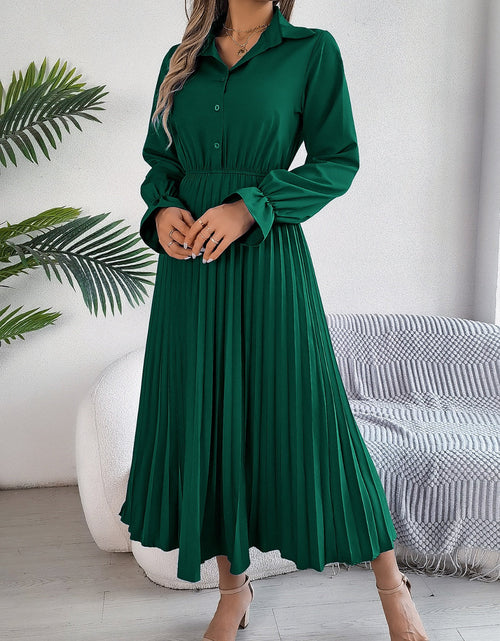 Load image into Gallery viewer, Pleated Half Button Long Sleeve Midi Dress
