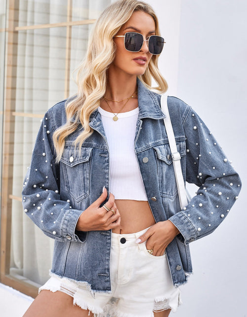 Load image into Gallery viewer, Pearl Trim Raw Hem Denim Jacket
