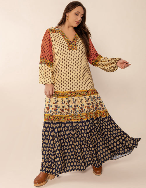 Load image into Gallery viewer, Plus Size Printed V-Neck Long Sleeve Maxi Dress
