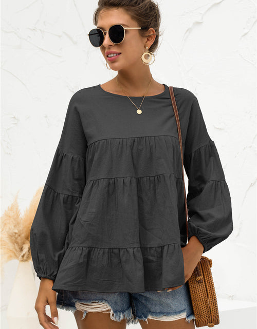 Load image into Gallery viewer, Round Neck Bubble Sleeve Tiered Blouse
