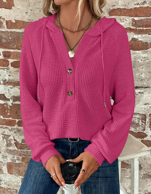Load image into Gallery viewer, Waffle Knit Long Sleeve Drawstring Hooded Top
