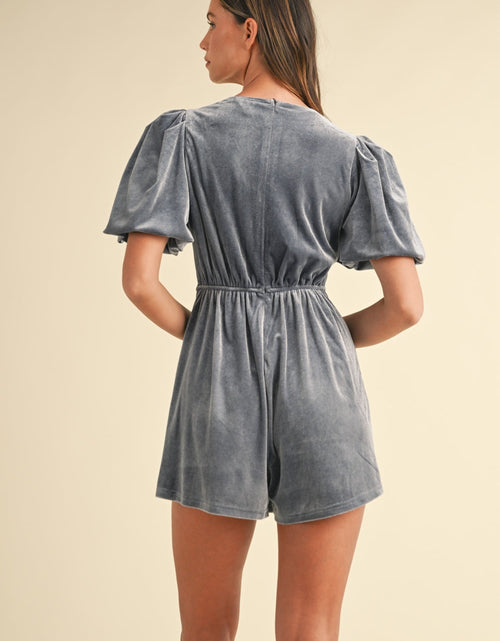 Load image into Gallery viewer, Mable Jewel Bow Decor Puff Sleeve Velvet Romper
