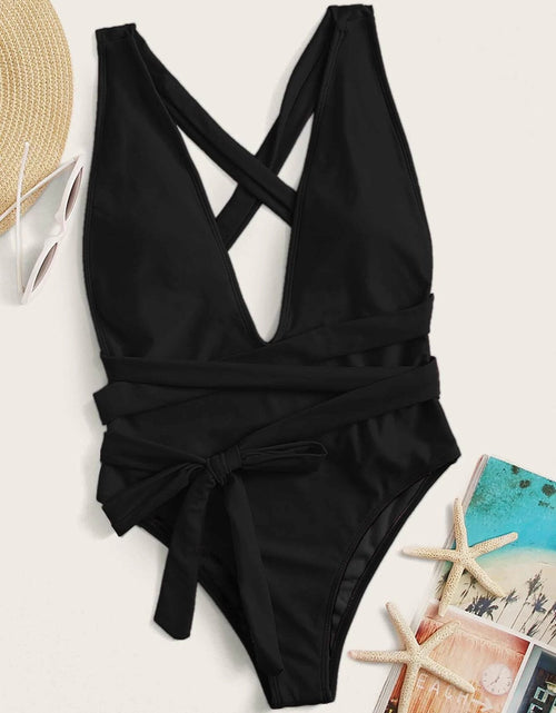 Load image into Gallery viewer, Halter Neck Deep V Tied One-Piece Swimsuit
