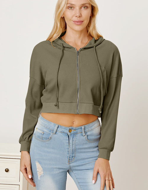 Load image into Gallery viewer, Waffle-Knit Drawstring Zip Up Hoodie
