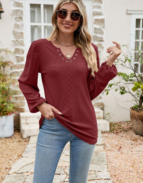 Load image into Gallery viewer, Eyelet Notched Neck Balloon Sleeve Blouse
