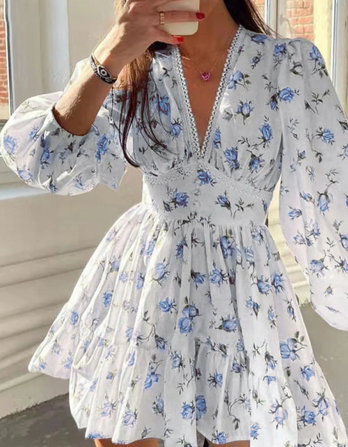Load image into Gallery viewer, Lace Detail V-Neck Balloon Sleeve Dress
