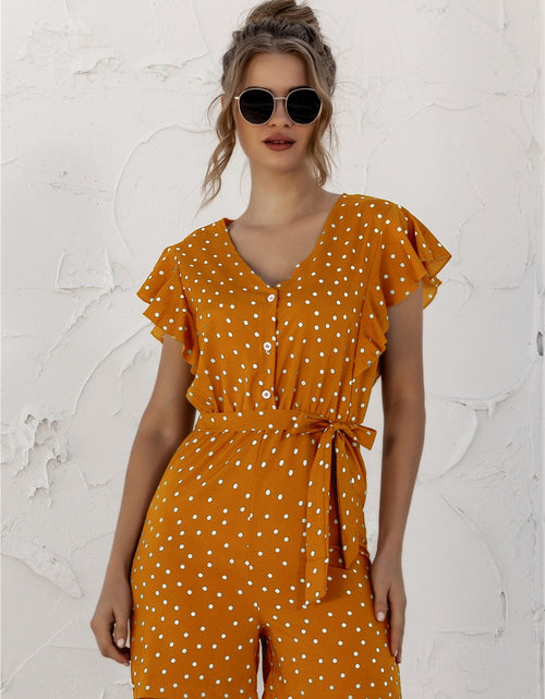 Load image into Gallery viewer, Ruffled Polka Dot Half Button Romper

