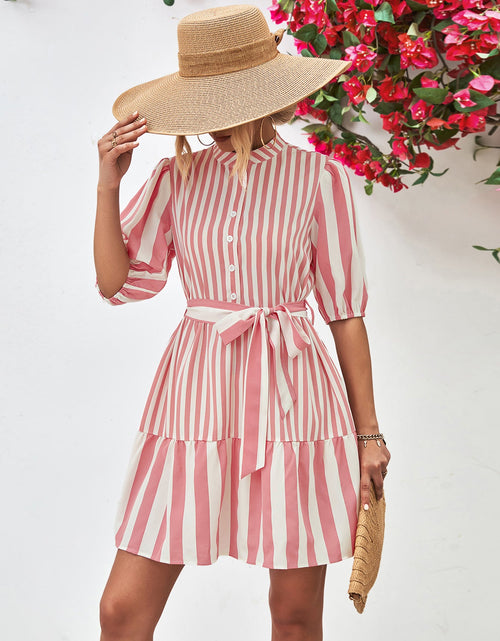 Load image into Gallery viewer, Striped Half Sleeve Tie Waist Mini Dress
