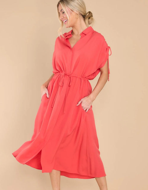 Load image into Gallery viewer, Drawstring Collared Neck Short Sleeve Midi Dress

